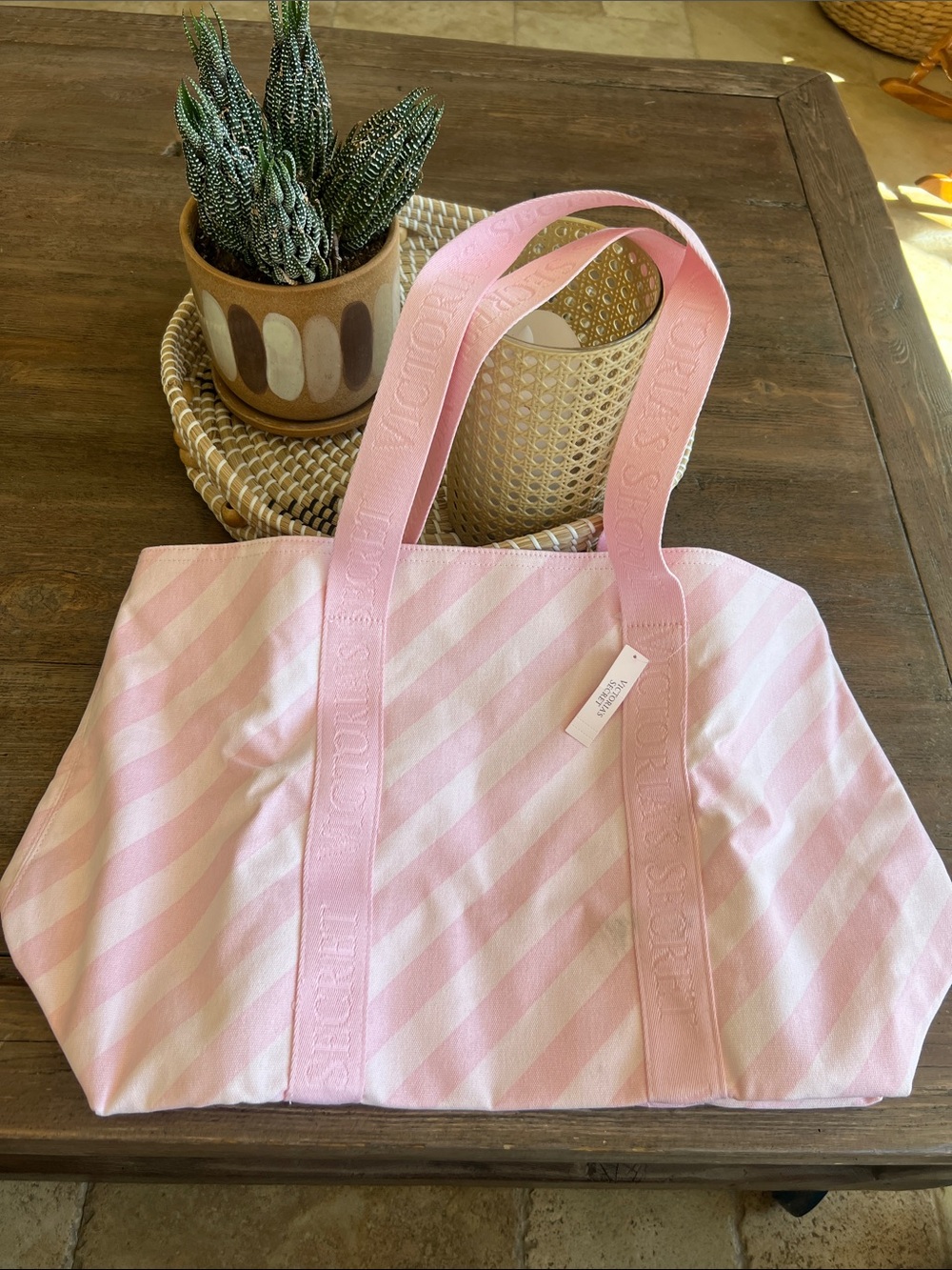 Victoria's Secret Pink and White Striped Canvas Tote